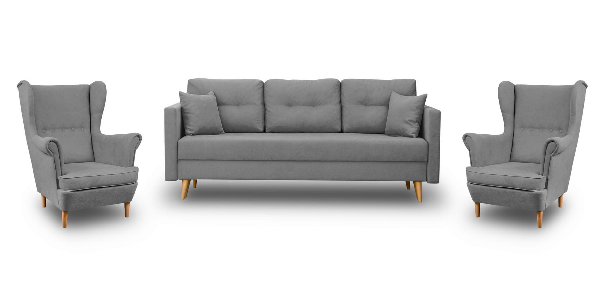 Komplet wypoczynkowy skandynawski do salonu sofa i 2 fotele Szary